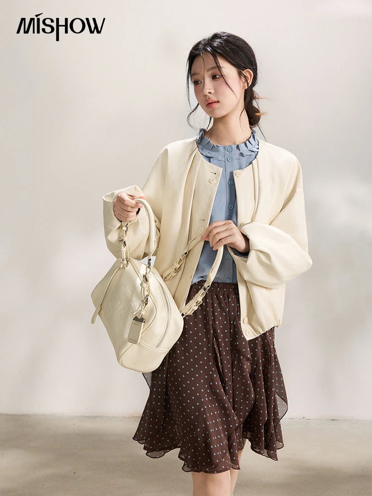 MISHOW Imitation Protein Skin Short Flower Bud Leather Jacket 2026 Spring Ruffled Collar Casual Loose Button-Up Coat MXF108W1019