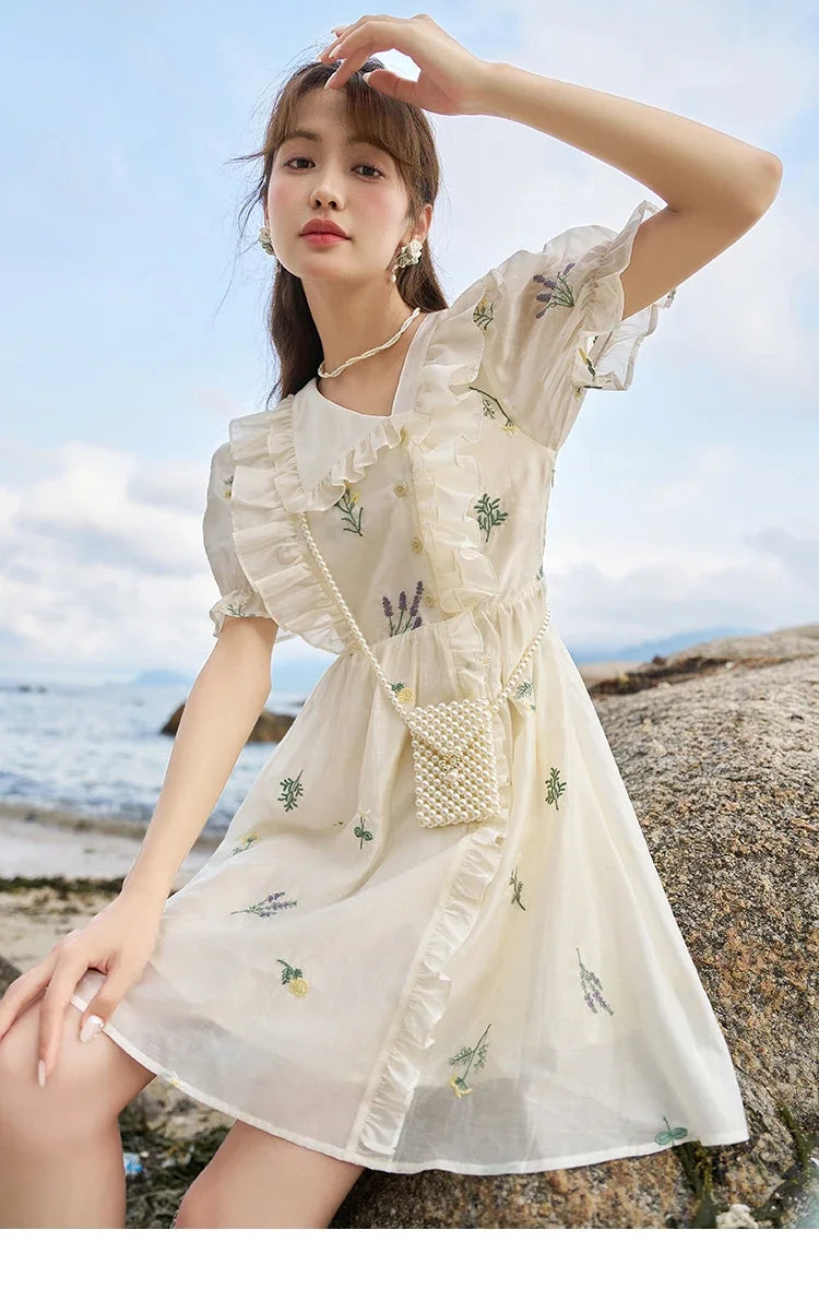 MISHOW Elegant Fairycore Embroidery Flower Dresses 2025 Summer A-line Flare Sleeve Ruffles Sweet Knee-Length Dresses MXC38L1518