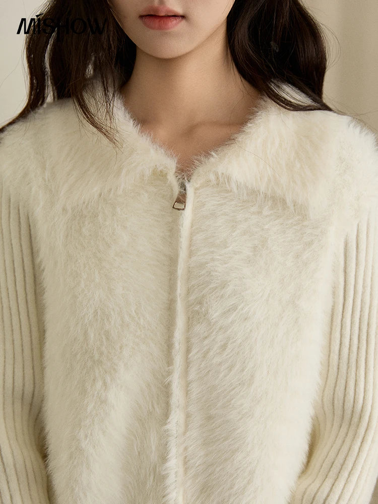 MISHOW Women's White Faux Fur Knit Cardigan 2025 Autumn Winter Fake Two-Piece Zipper Lapel Collar Warm Soft Outerwear MXE94Z2992