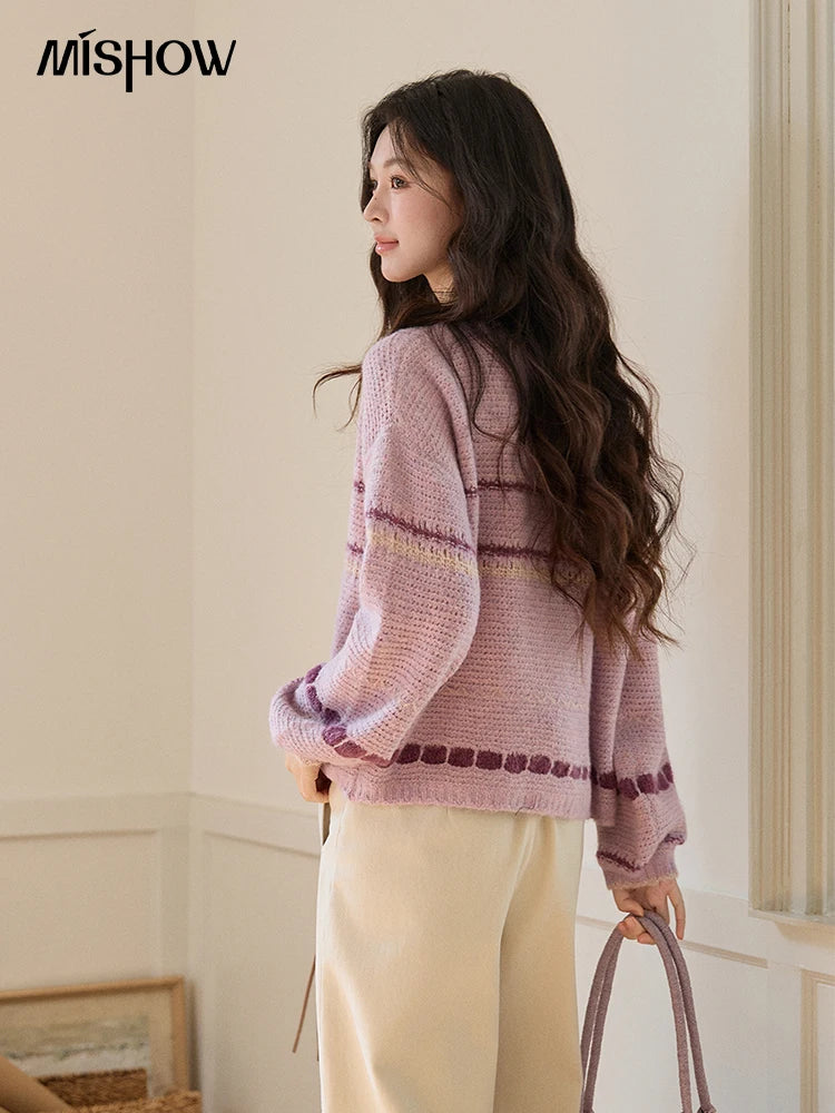 MISHOW Women's Lilac Knit Cardigan 2026 Spring Striped Dot Pattern Crew Neck Tops Single Breasted Warm Loose Sweater MXF11Z2897