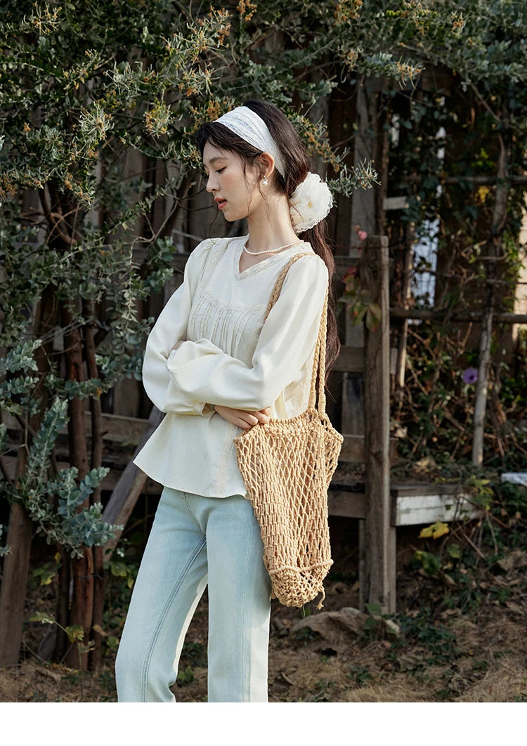 MISHOW Women's Lyocell Blouse 2025 Spring Summer Lace V-neck Commuting Top Puff Sleeve Solid Loose Blouse Office Lady MXE15X1735