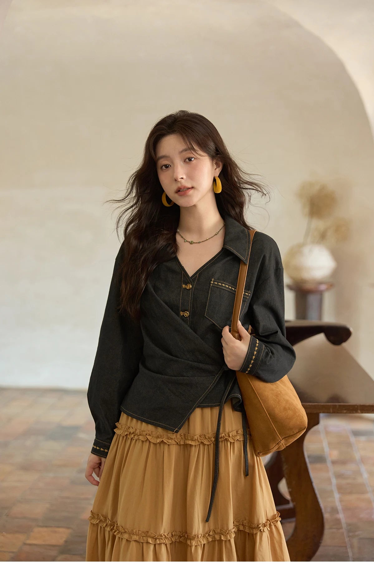 MISHOW Retro Orange 100 Lyocell Skirt 2025 Autumn Black Fungus Edge A-line Skirts Elastic High Waist Hem Tassel Skirt MXE42B2386