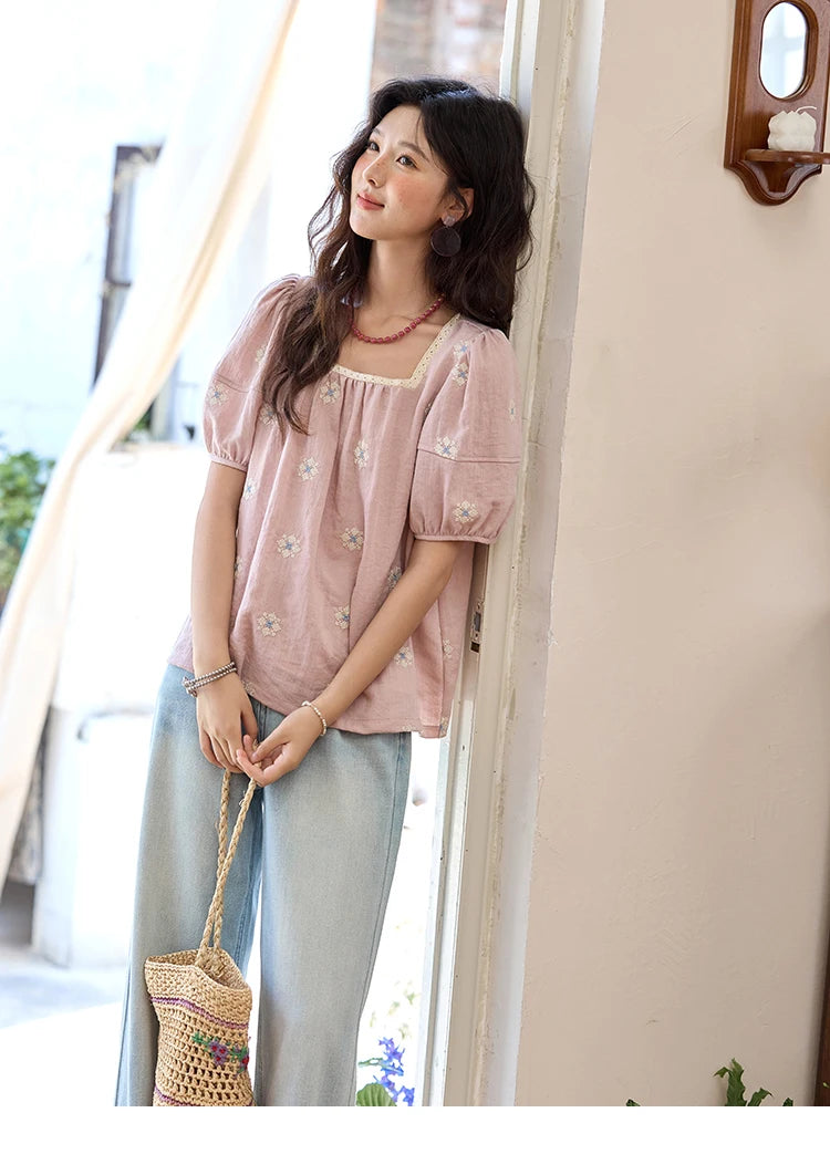 MISHOW Pink Embroidered Linen Floral Blouse for Summer 2025 A-line Square Collar Blouses Lace Patchwork Loose Tops MXE35X1834