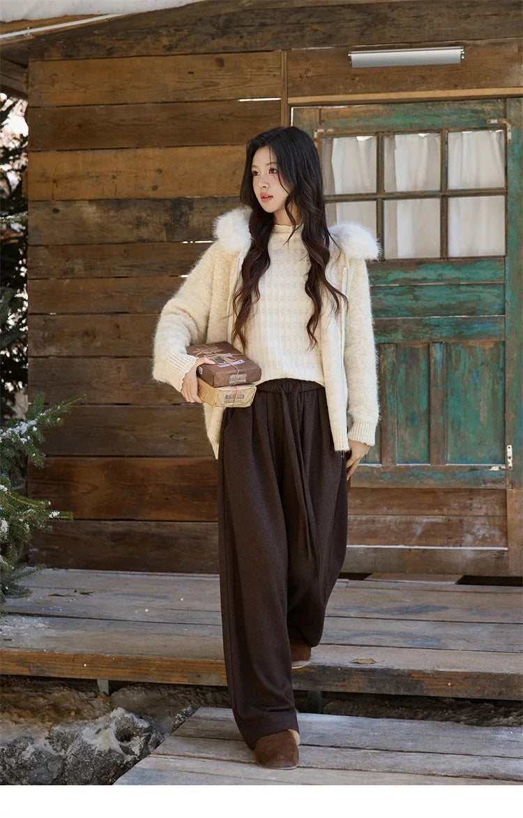 MISHOW Women's Beige White Cardigan Winter Fur Hood Zipper Warm Loose Outerwear Towel Embroidered Knitted Cardigan MXE94Z2963