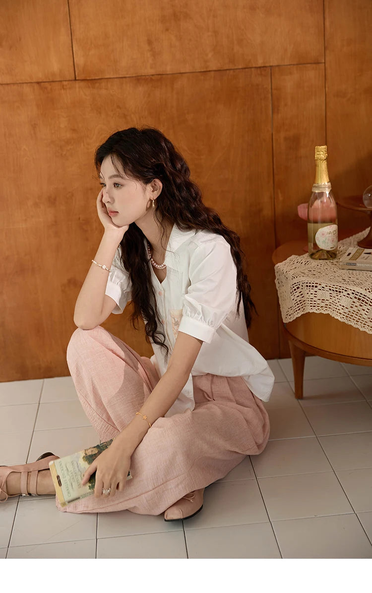 MISHOW Women's 100 Cotton Short Sleeved Shirt Loose 2025 Summer Embroidered Pocket Top Polo Neck Puff Sleeve Shirts MXD26C0243