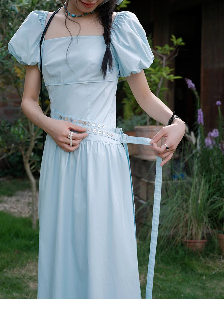 MISHOW Women's Square Neck Short Sleeve Dress 2025 Summer New Fashion Puff Sleeve Double Belt Dresses Ladies Clothing MXE34L2222