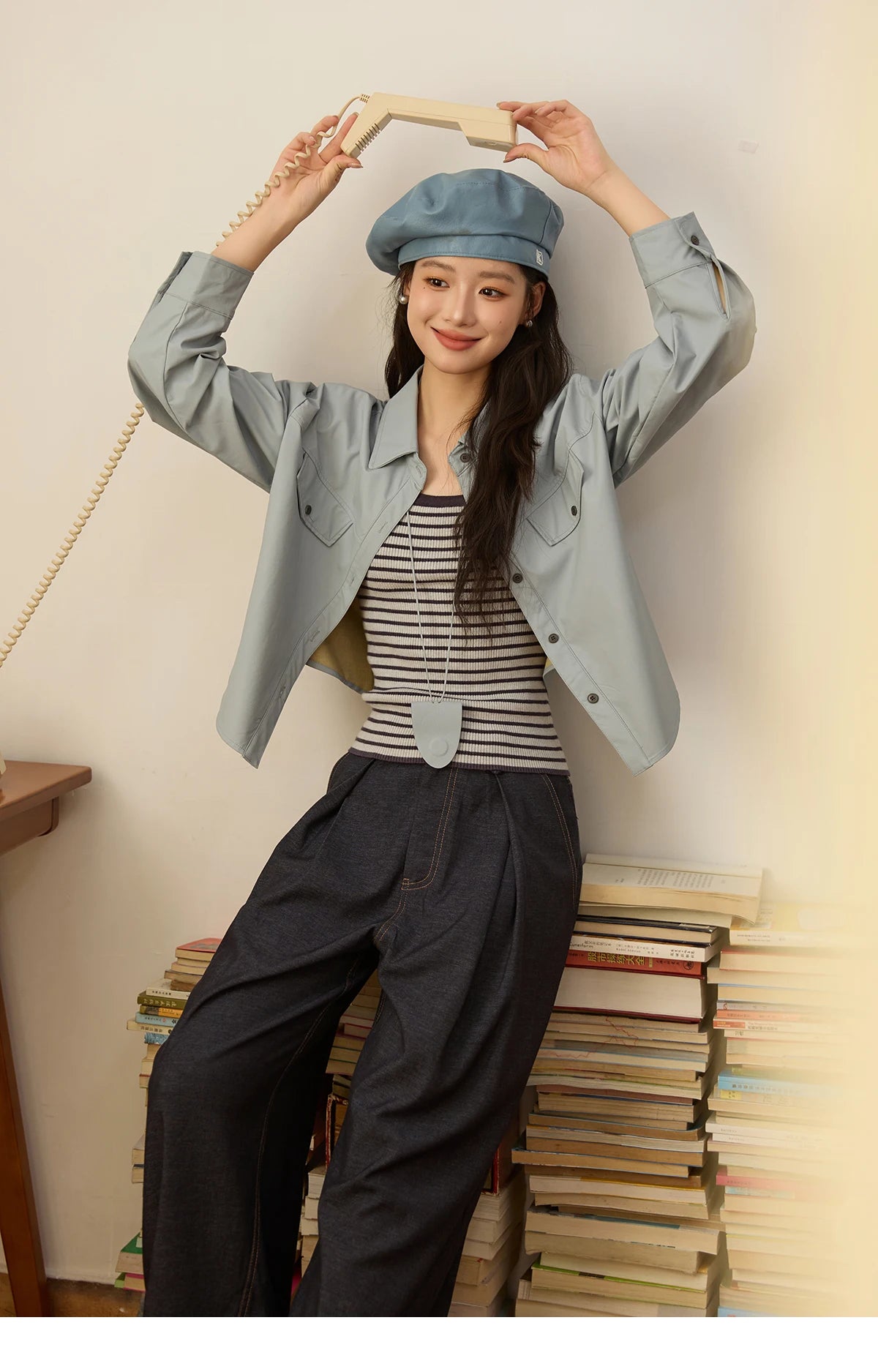 MISHOW Women's Two-Piece Set 2025 Autumn Vintage Striped Vest Solid Turn Down Collar Jacket Commute with Pendant Sets MXE45T1396