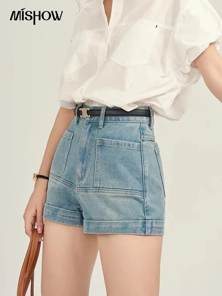 MISHOW Women's Denim Blue Shorts 2025 Summer Korean High Waist Pockets Shorts Female Straight Slim Casual Short Pants MPD26K0618