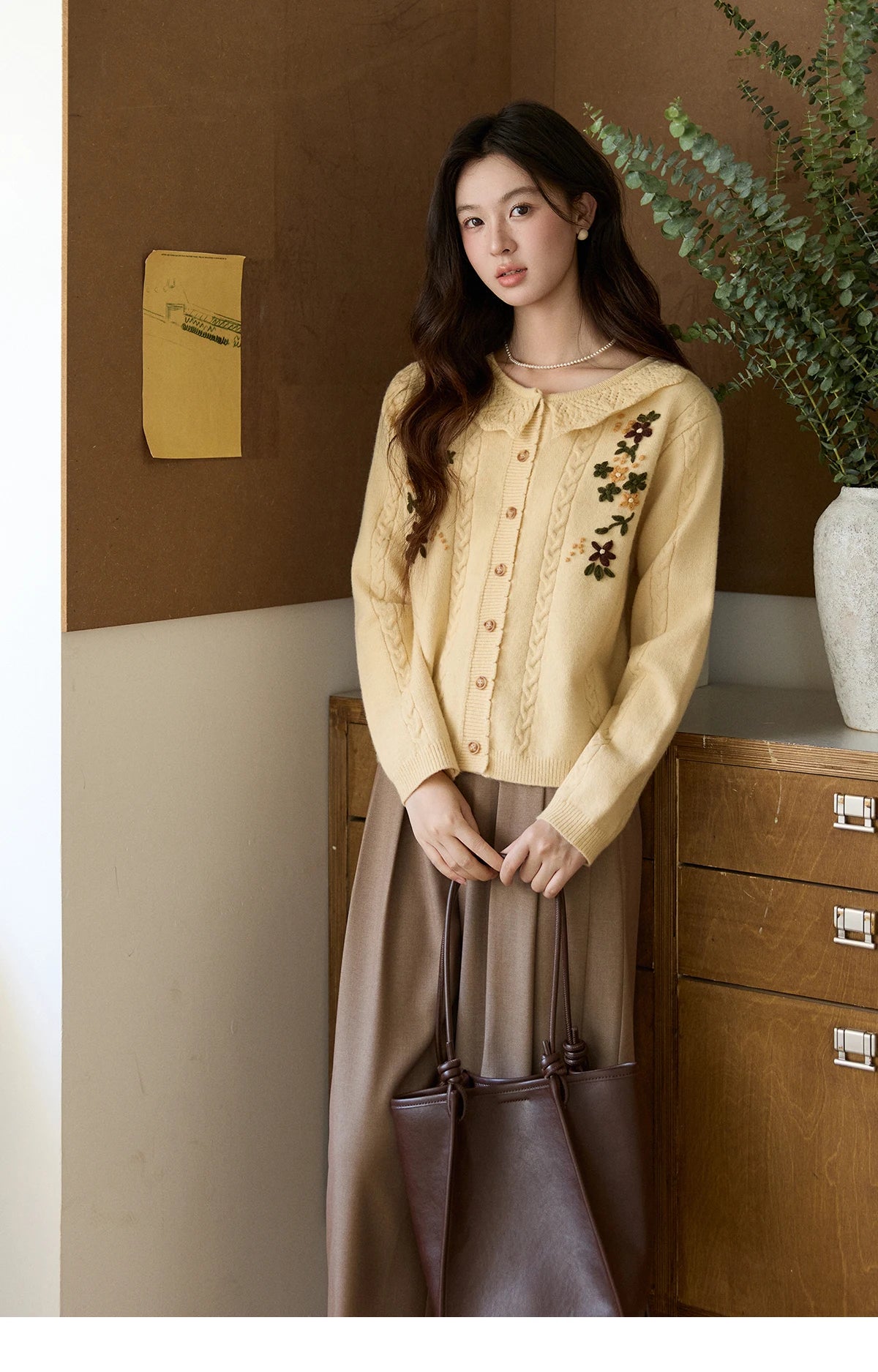 MISHOW Women's Cable Knit Cardigan Spring Peter Pan Collar Floral Embroidery Sweater Long Sleeve Casual Loose Tops MXF11Z2904