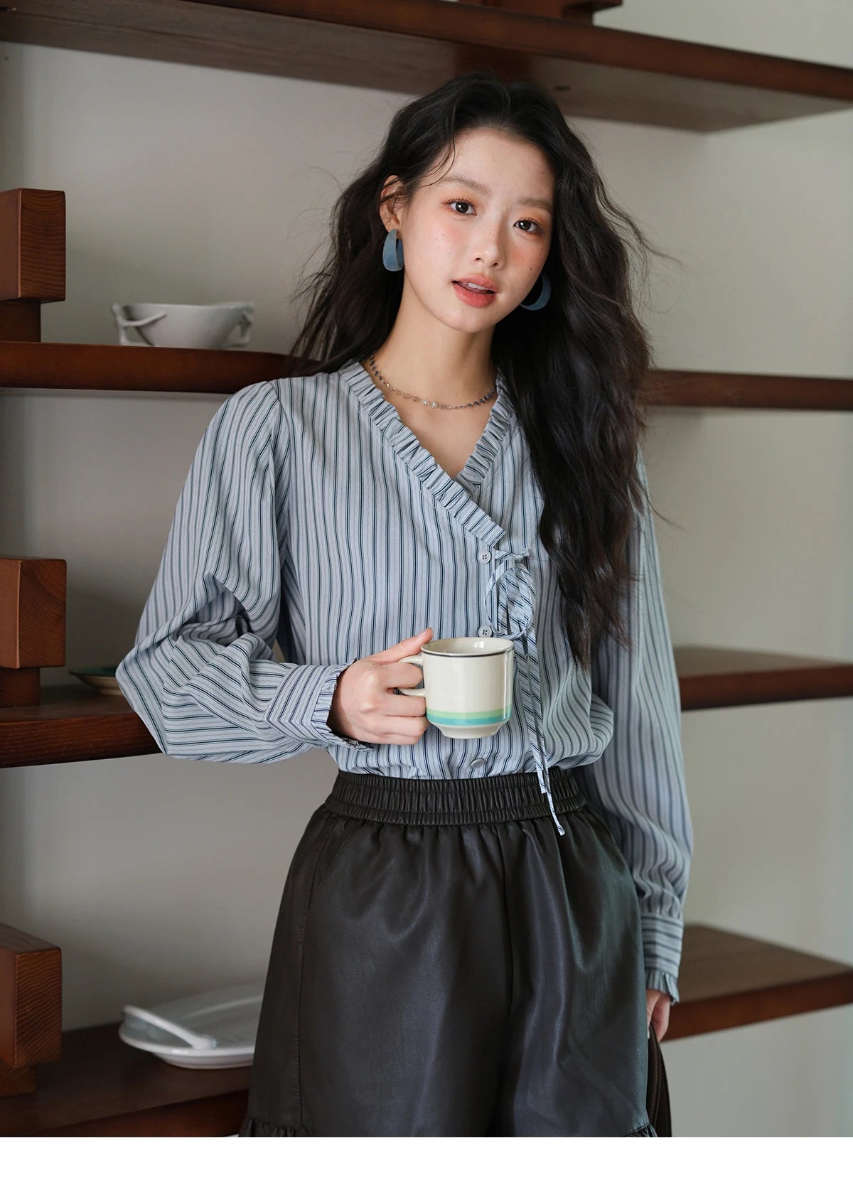 MISHOW Blue Striped Peach Skin Velvet V-neck Shirts for Women Autumn 2025 Asymmetrical Lace-up Commuting Casual Shirt MXE42X2472