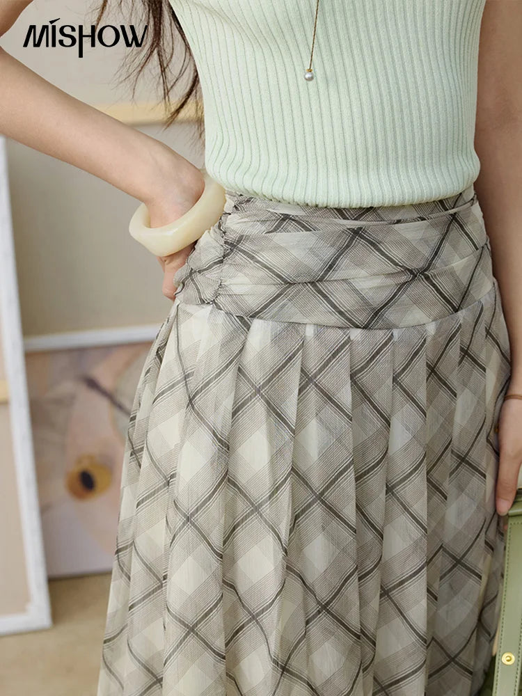 MISHOW Apricot Green Retro Plaid Skirt for Women Summer 2025 Pleated Chiffon High Waist Elegant Slim A-line Skirts MXE35B0747