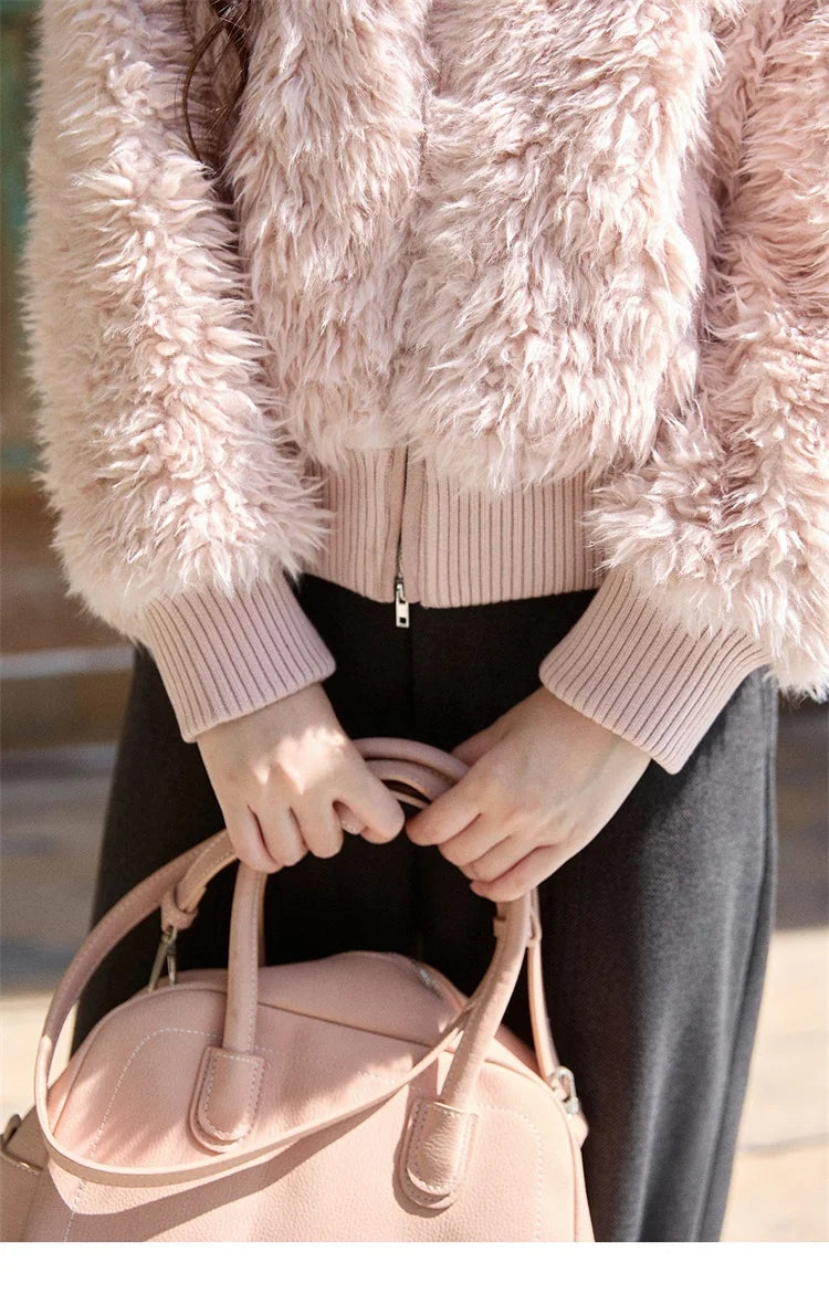 MISHOW Women's Pink Stand Collar Faux Lamb Wool Coat Winter Flower Brooch Warm Outerwear with Pockets Metal Zipper MXE91W0974