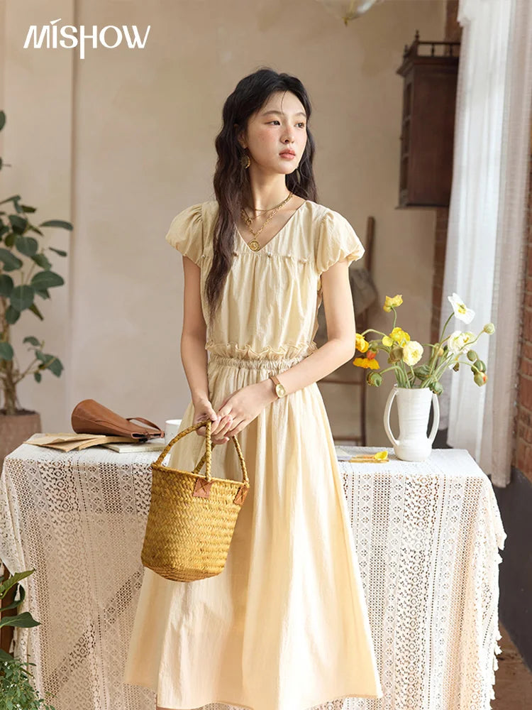 MISHOW Women Fashion Flower Bud Sleeve Slim Dress Summer 2025 New Women's Clothing V-neck Sashes Elegant Long Dress MXE34L2238