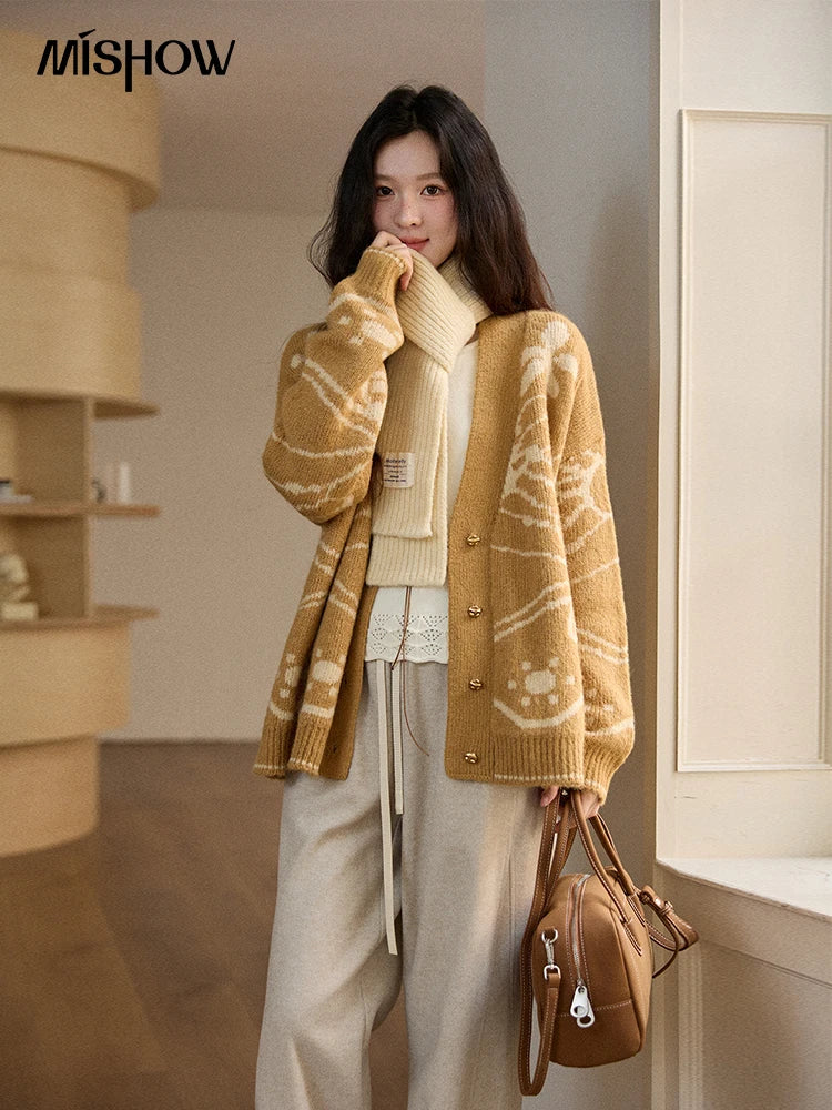 MISHOW Women Cardigan Long Sleeve 2025 Winter Fashion Yellow Jacquard Knitted Cardigan Plant Pattern V-neck Sweater MXE48Z2522