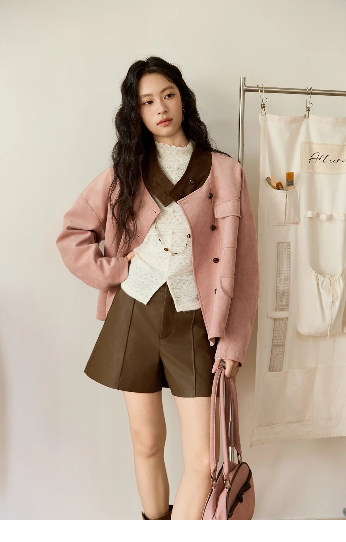 MISHOW Woman Jacket 2025 Autumn French Style Pink Coffee Suede Jacket Contrast Color Stand Collar Loose Short Coat MXE48W0851