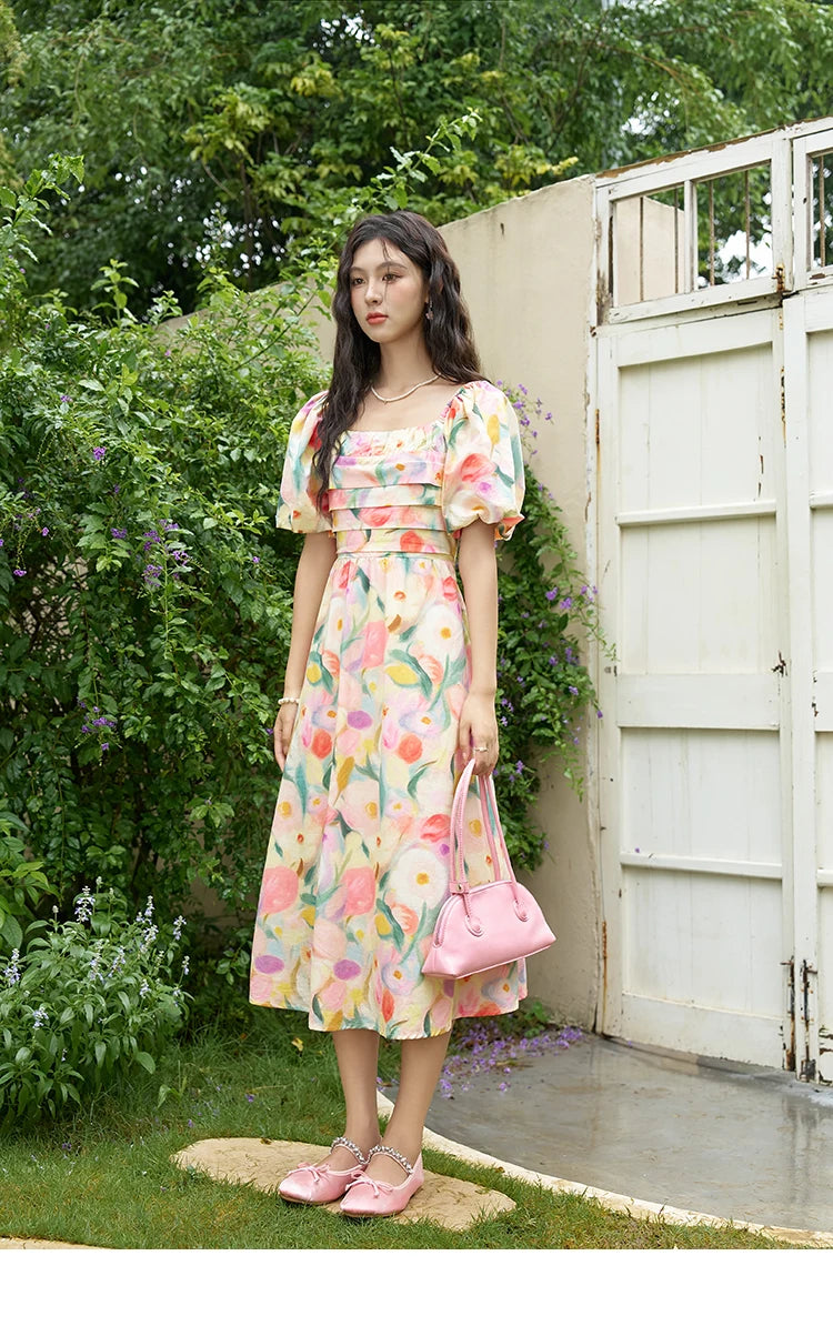 MISHOW French Tulip Fragmented Flower Dresses for Women 2024 Summer Beach Vacation Puff Sleeve Sweet Elegant Dresses MXD28L1896