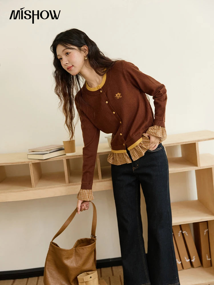 MISHOW Fake Two Knitted Sweaters Autumn Retro Color Contrasting Bow Embroidered Sweater Hemp Cuff Splicing Plaid Top MXE46Z2495