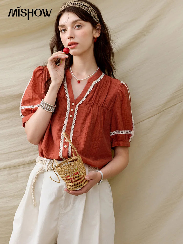MISHOW French New Blouses Women Summer New 2025 Short Sleeve V-neck Color Matching Shirts Female Fashion Lazy Style MXE31X1766