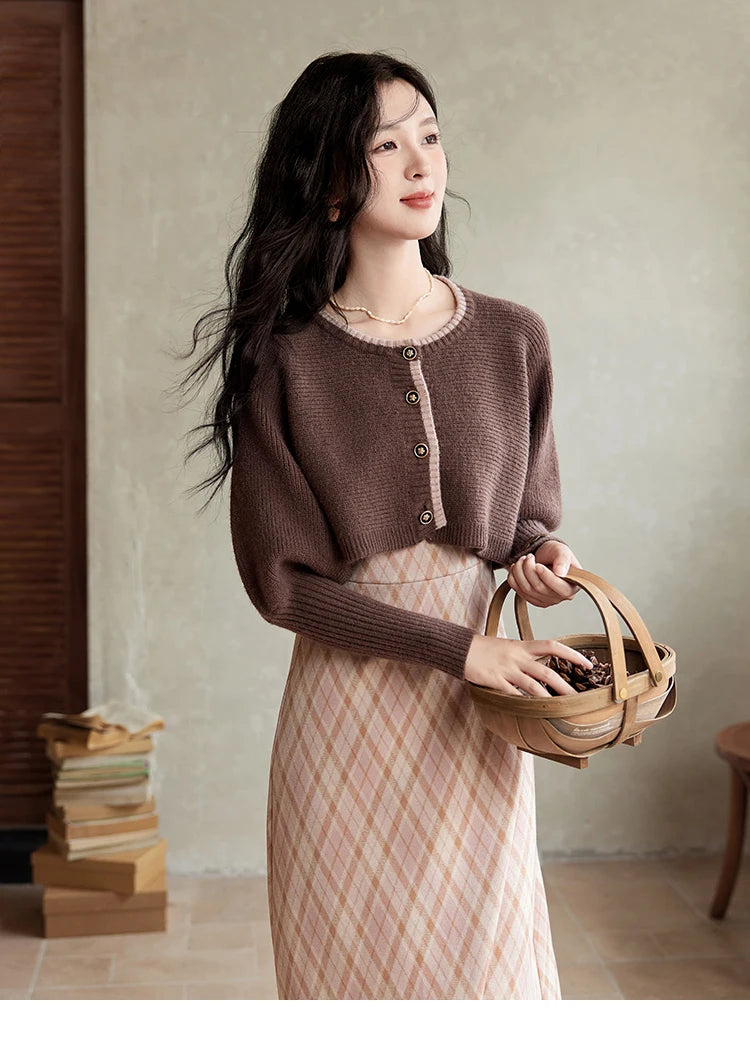MISHOW French Vintage Dress O Neck Knitted Cardigan Separately Women Sweet Knitted Short Sweater Plaid Camisole Dress MXD43L2012