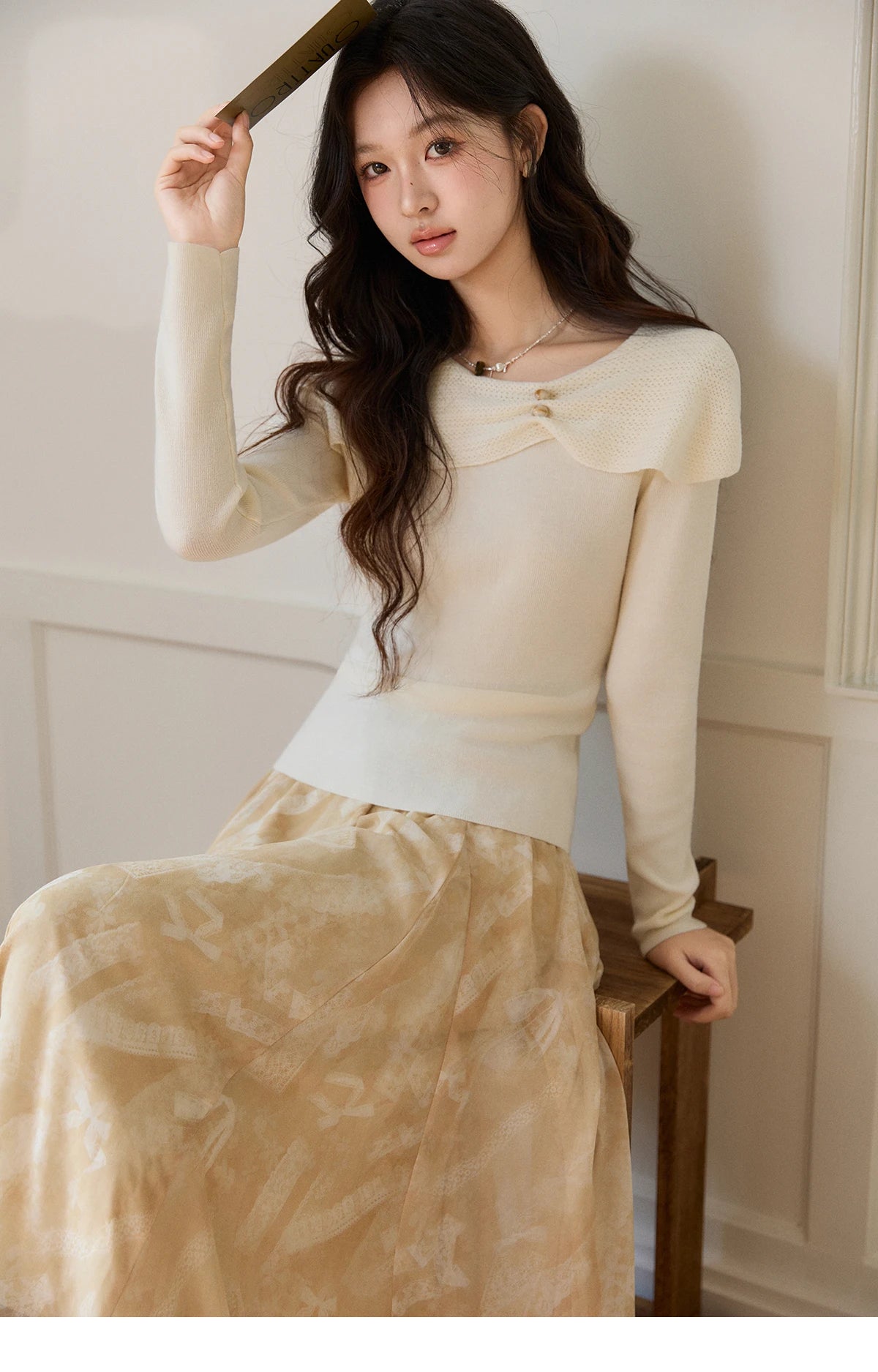 MISHOW Women's Beige Wool Blend Knit Sweater 2026 Spring Asymmetrical Collar Long Sleeve Top Slim Casual Thin Sweater MXF11Z2918