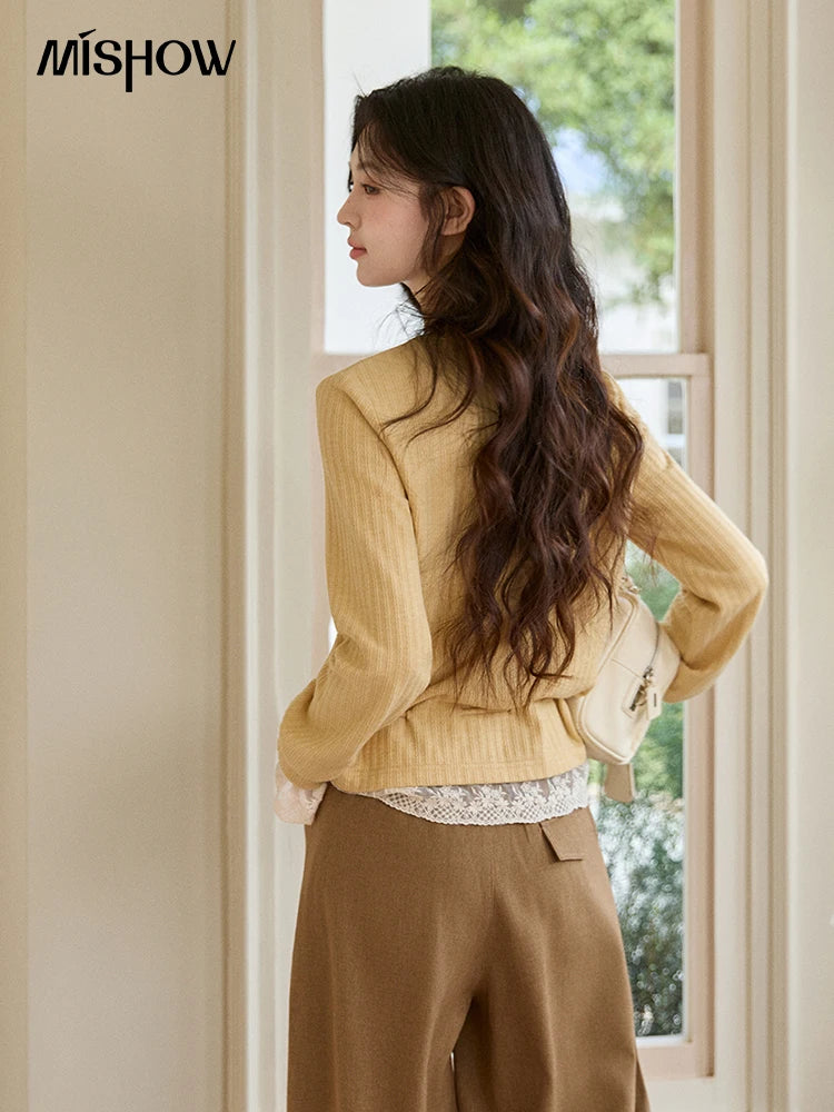 MISHOW Women's Yellow Ribbed Cardigan Spring Lace Trim Drawstring Waist Thin Knitted Sweater Long Sleeve Casual Top MXF11Z2919