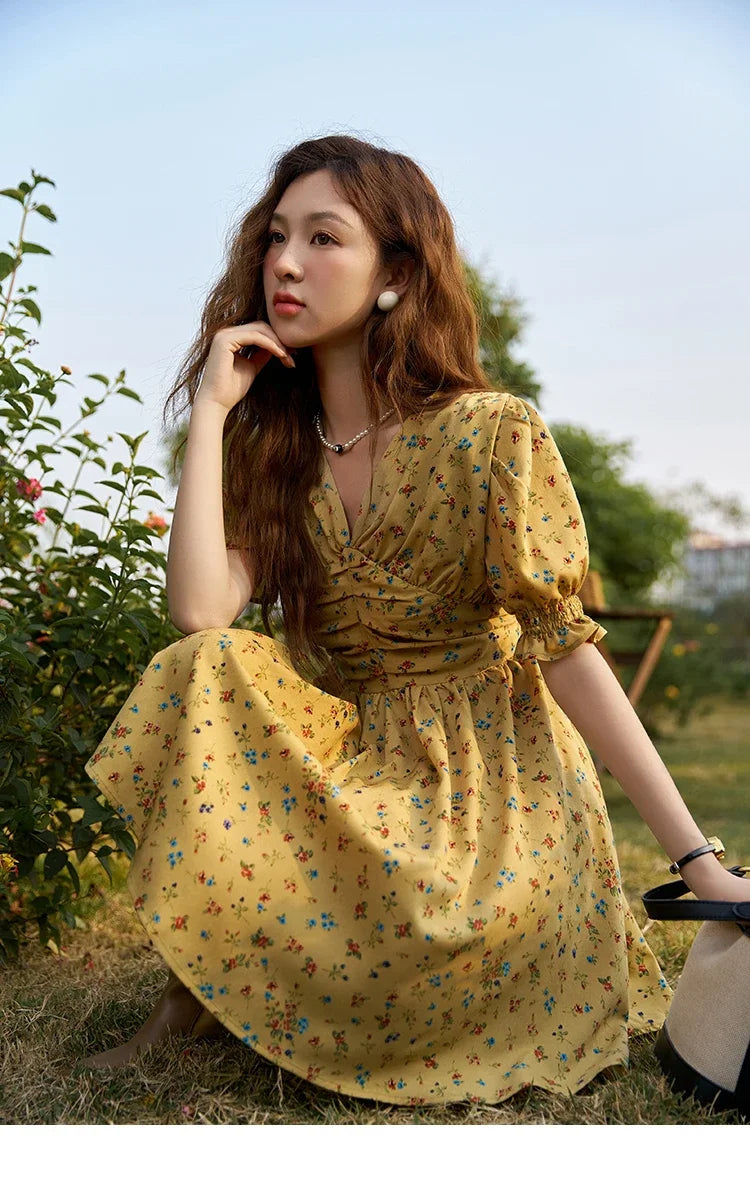 MISHOW Women's Retro Puff Sleeve Flower Dress 2025 Summer Waist Slim A-LINE V-Neck Shirring Female Ankle-Length Dress MXC33L1374