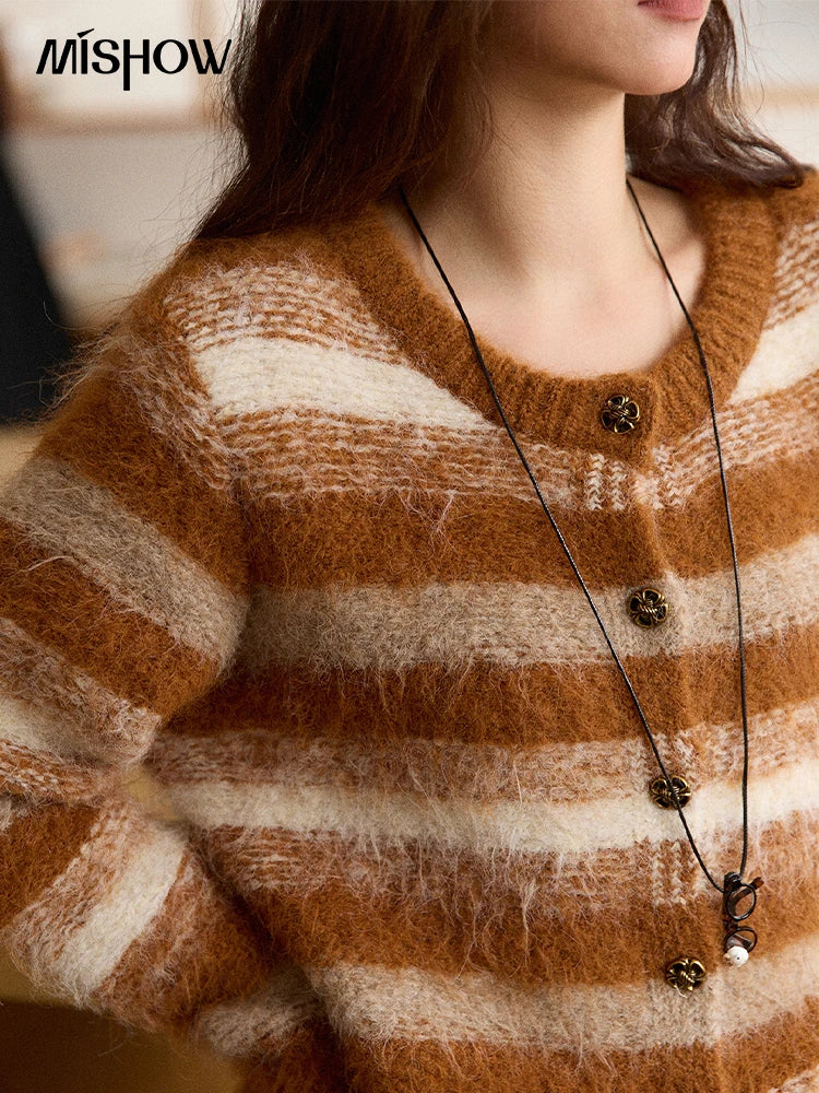MISHOW Women's Cardigan Wool 2025 Winter Retro Striped Round Neck Long Sleeved Knitted Top Warm Comfortable Cardigan MXE87Z2723