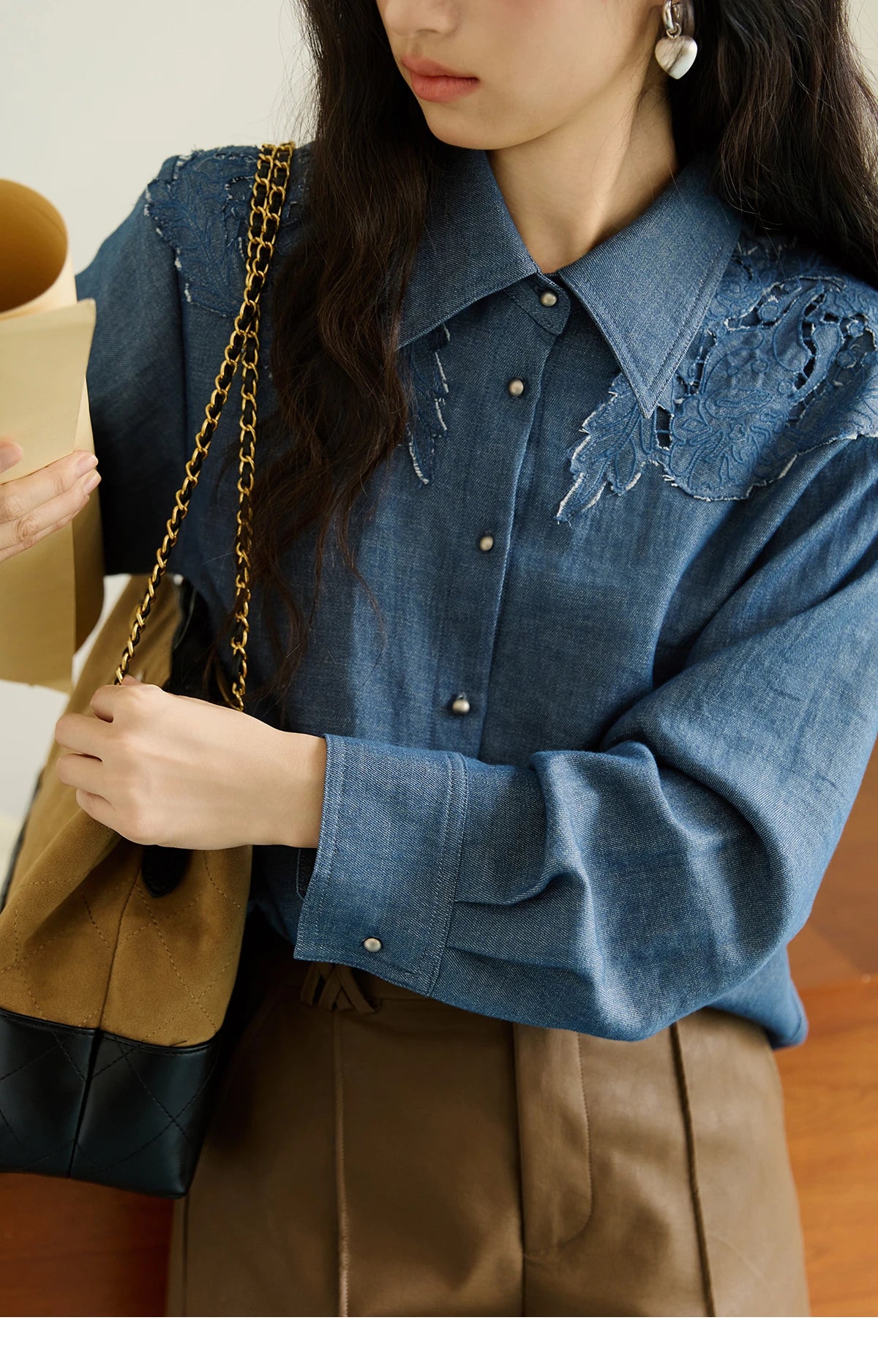 MISHOW Women's Blue Shirt Autumn 2025 Hollowed Out Patchwork Embroidery Tops Imitation Denim Fabric Loose Retro Shirt MXE46C2410