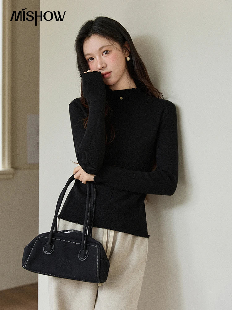 MISHOW Women's Knitted Long-Sleeved Top 2025 Winter Solid Slim Fit Ruffled Turtleneck Sweater Warm Soft Commuting Top MXE91Z2826
