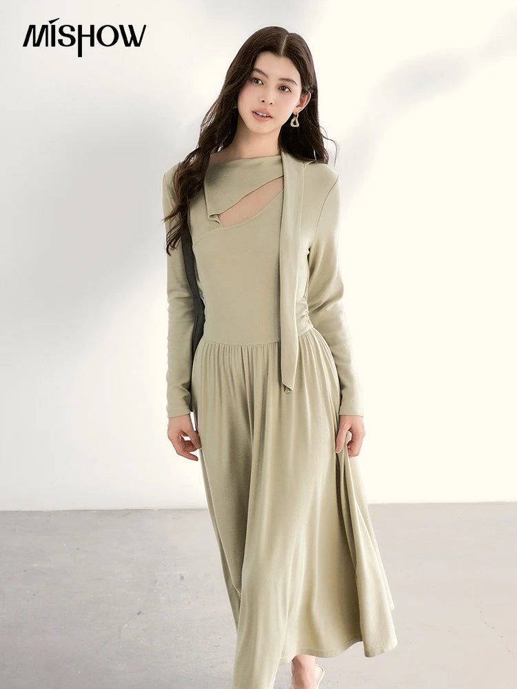 MISHOW Women's Light Green Midi Dress 2026 Spring Cutout Neck Hollow Out Ribbon Dresses Elegant Long Sleeve Dress MXF13L2556