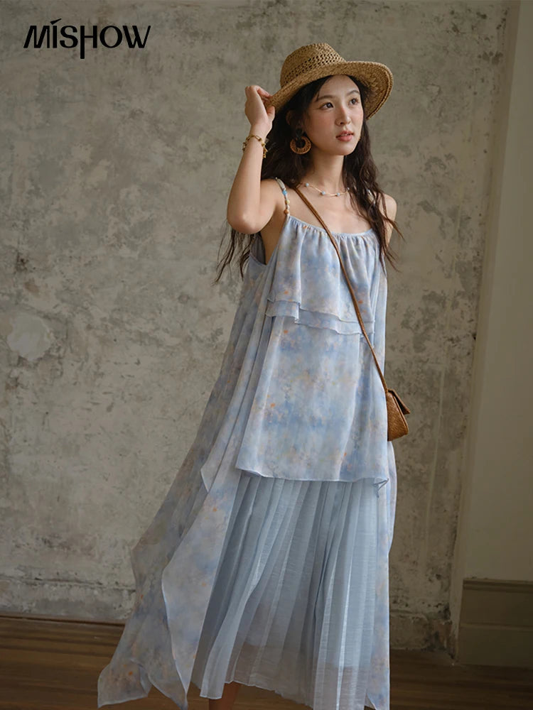 MISHOW Fashion Print Strap Dress for Women 2025 Summer New Multi Layer Ruffle Edge Splicing Sleeveless Midi Dresses MXE35L2233