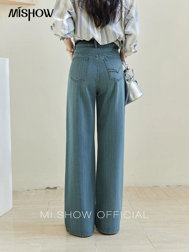 MISHOW Versatile Denim Straight Leg Pants for Women Spring 2025 Embroidery Pockets Commuting Loose Denim Trousers MXE14K0870