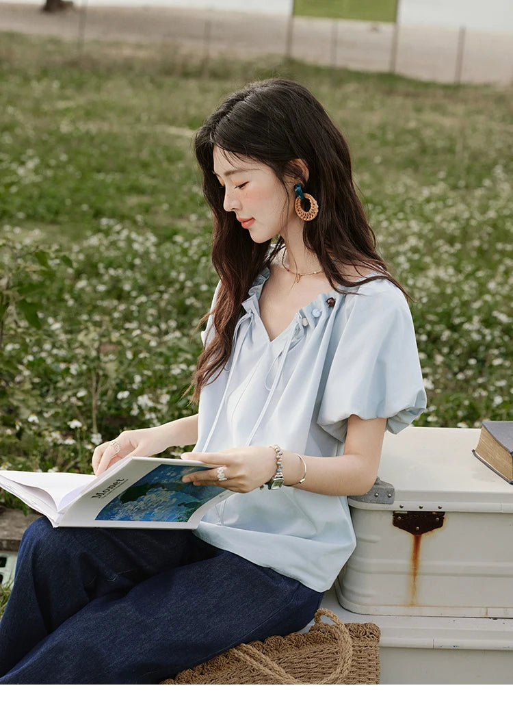 MISHOW Solid French Summer Blouses Woman 2025 New Short Puff Sleeve V-neck Beaded Retro Shirts Women Fashion Tops MXE33X1757