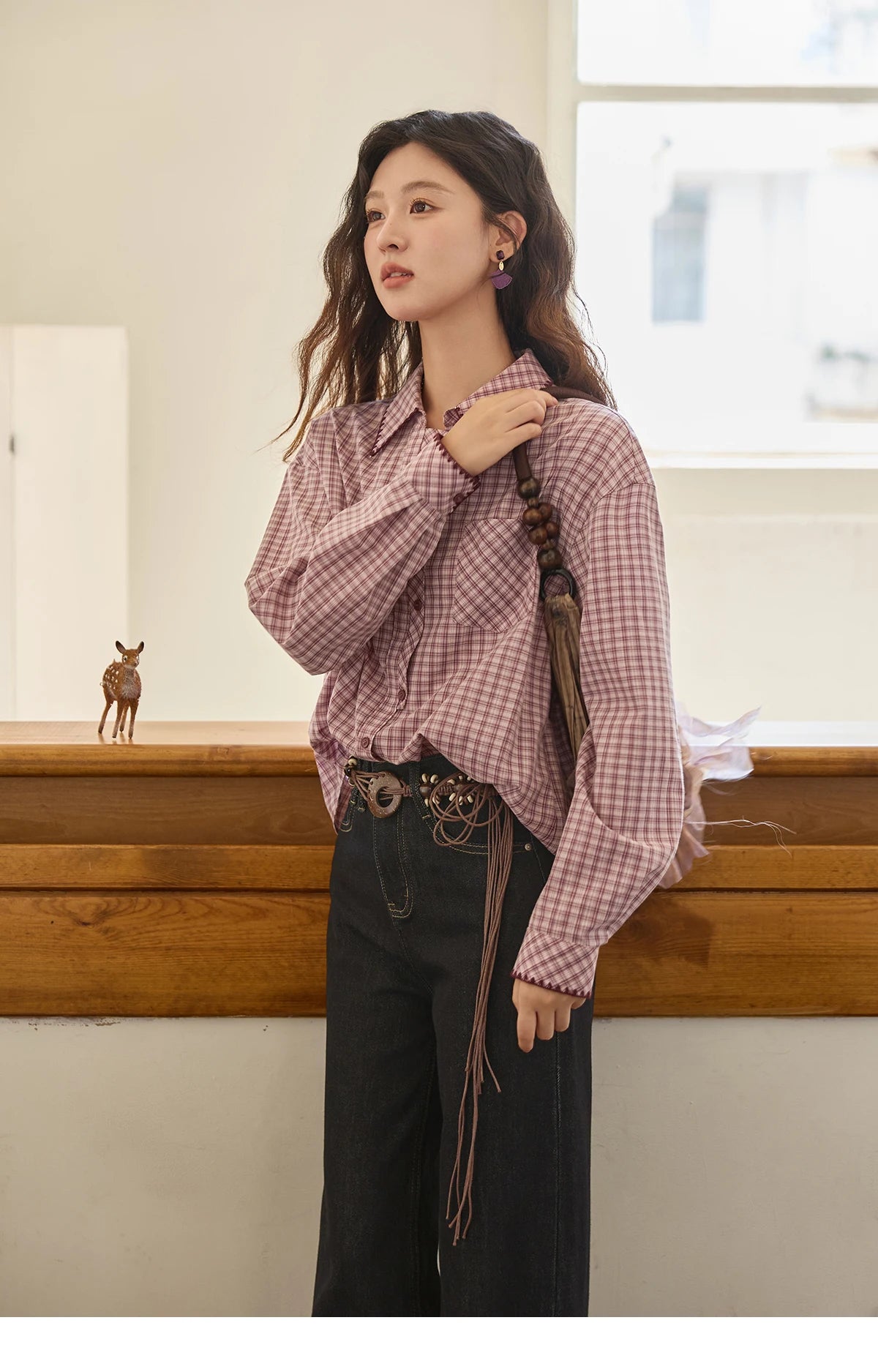 MISHOW Purple Plaid Shirt for Women Autumn 2025 Contrasting Embroidery Irregular Placket Shirt with Pocket Casual Top MXE44C2394