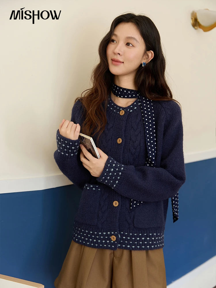 MISHOW Women's Cardigan 2025 Autumn Winter Yellow Cable Knit Cardigan Hand-Drawstring Design Commuter Short Jacket MXE47Z2566