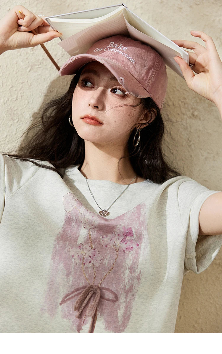 MISHOW Iris Cool Cotton T-shirt for Women Spring 2025 Spray Printing Slim Tees Round Neck Breathable Versatile Top MXE13T0453