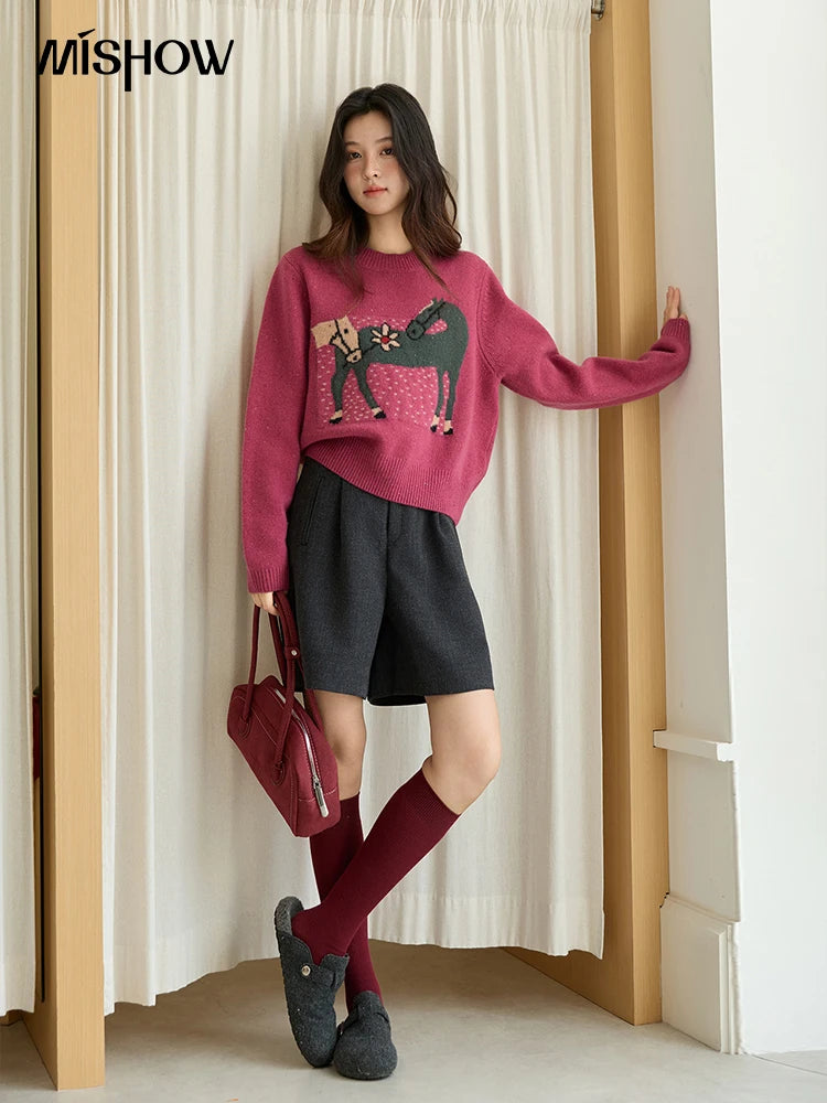 MISHOW Red Sweater Women 2025 Autumn Winter French Round Neck Pony Jacquard Loose Pullovers Long-sleeved Knitted Top MXE48Z2622