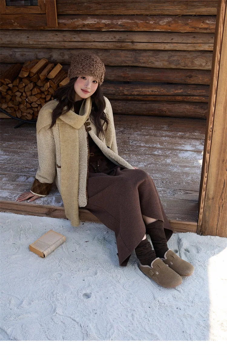 MISHOW Woman Plaid Patchwork Lamb Wool Coat 2025 Winter Round Neck Coat Commute Warm Loose Jacket (Without A Scarf)MXE90W0923