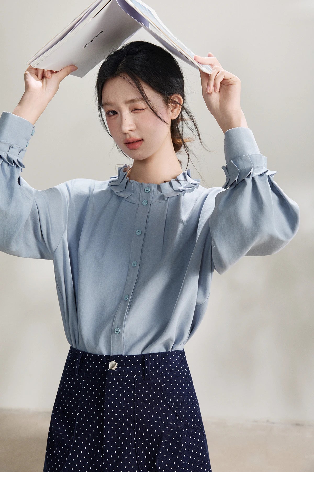 MISHOW Women's Peach Skin Solid Shirt 2026 Spring Ruffled Crew Neck Single-breasted Tops Casual Long Sleeve Shirts MXF11C2431