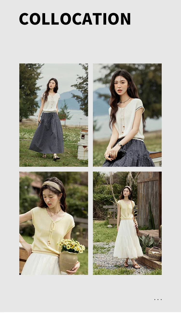 MISHOW Office Lady Summer Knitted Sweater V-neck Short Sleeve Solid Slimming Bead Design Pullover Female Lazy Tops MXE33Z1227