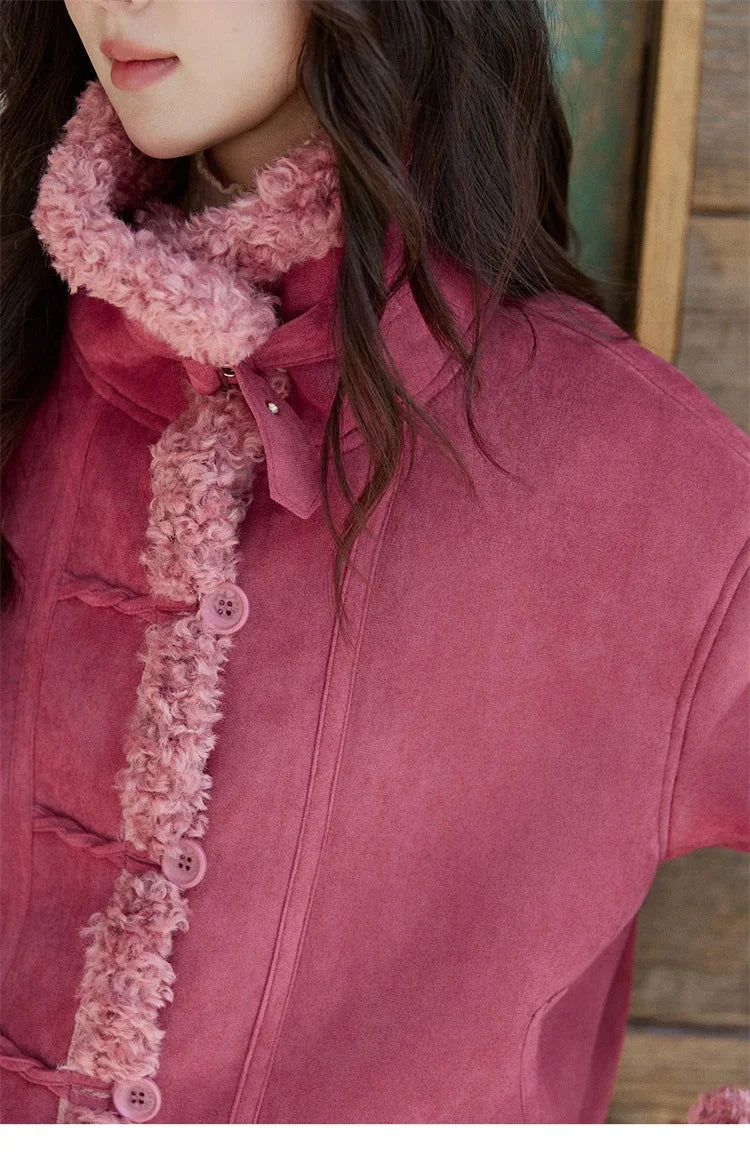 MISHOW Women's Dragon Fruit Red Suede Patchwork Coat 2025 Winter Color Block Stand Collar Thickened Short Outerwear MXE87W0942