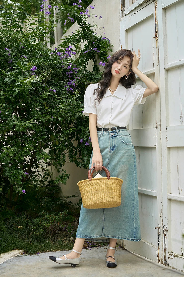 MISHOW Bubble Sleeve V-neck Commuting Shirts for Women 2025 Summer Retro Lapel Neck Short Sleeve Loose Solid Tops MXD28X1471