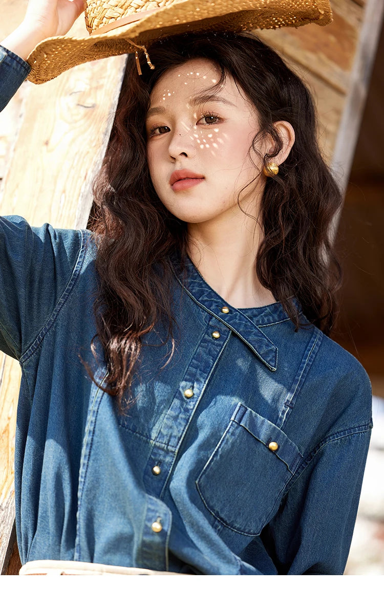 MISHOW 100 Cotton Denim Shirt French Retro Long Sleeved Shirt for Women 2025 Spring Loose Fit O Neck Casual Shirt Top MXE12C0384