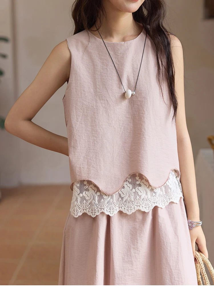 MISHOW Set 2 Piece 2025 Summer Women's O-Neck Lace Patchwork Sleeveless Top Elastic Waist Midi Skirt Elegnat Set MXE36T0641