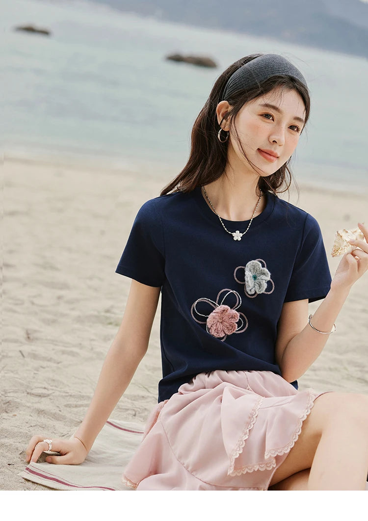 MISHOW Casual Summer Print T-shirts Women New 2025 Short Sleeve Round Neck Flower Beaded Shirts Female Fashion Tops MXE33T0499