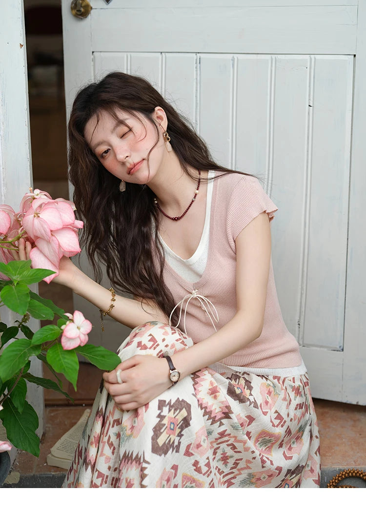 MISHOW Round Neck Patchwork Knitt Sweater for Women 2025 Summer Flying Sleeve Lace Up Versatile Top Female Clothing MXE37Z1278