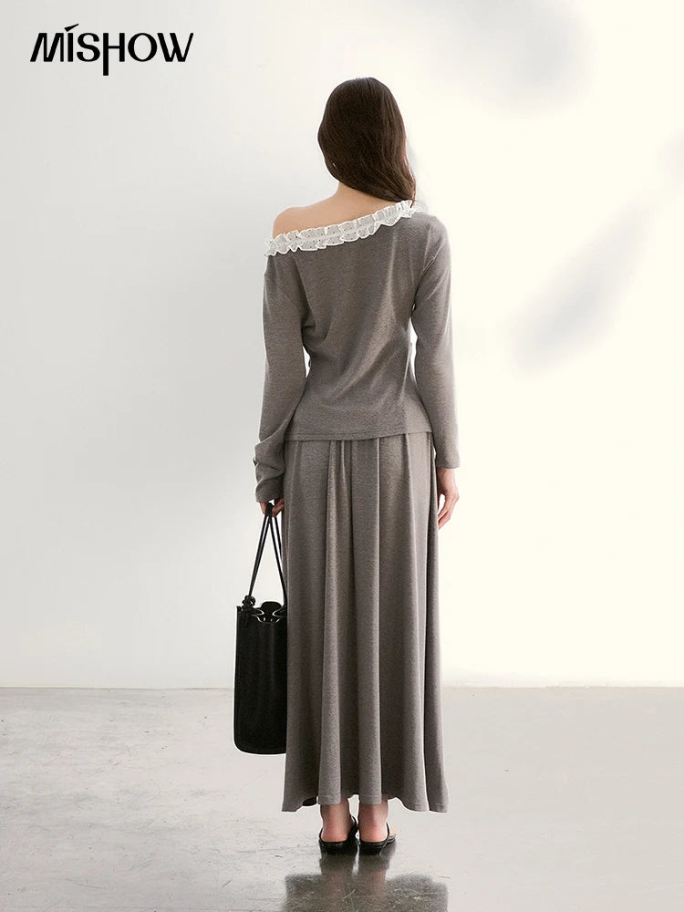 MISHOW Women's Grey Irregular Top Elastic Waist Skirt Two-Piece Set Spring Off-Shoulder Lace Trim Top Maxi Skirt Set MXF13T1479