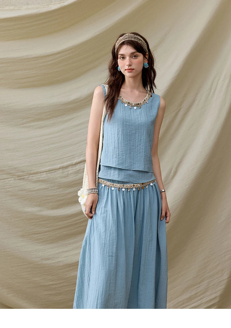 MISHOW Office Lady Summer Vest Skirt Sets Women 2025 Sheel Ribbon Solid Round Neck Tops Loose High Waist Skirt Female MXE32T0556