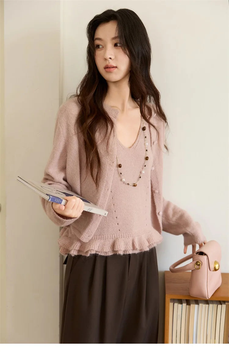 MISHOW Knit Cardigan for Women 2025 Autumn Elegant Pink Crew Neck Cardigan Loose Suspenders Two-piece Suit for Women MXE48T1404
