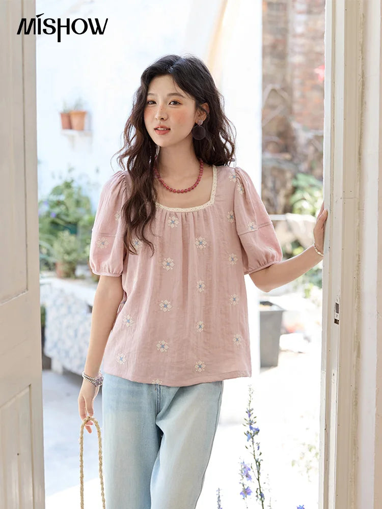 MISHOW Pink Embroidered Linen Floral Blouse for Summer 2025 A-line Square Collar Blouses Lace Patchwork Loose Tops MXE35X1834